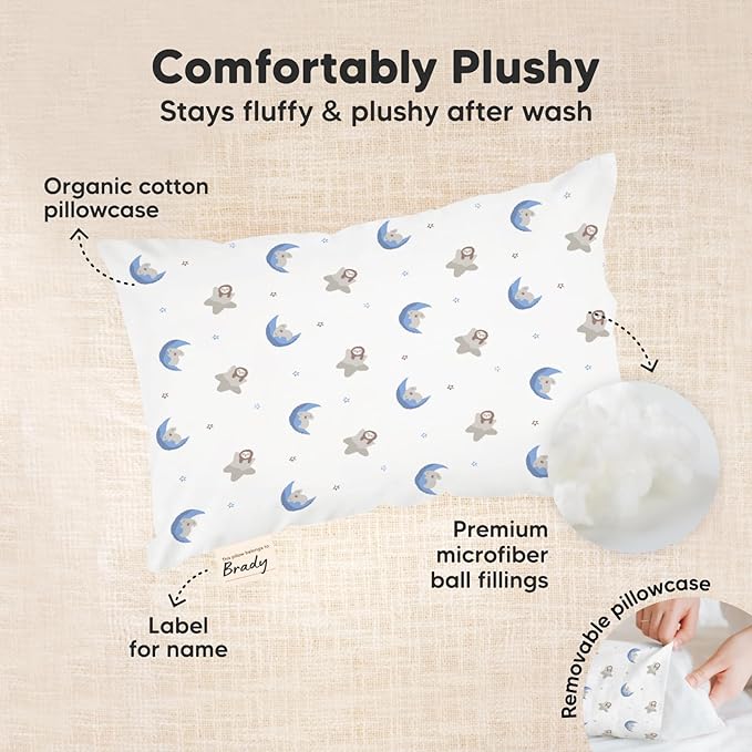 Mini Toddler Pillow with Pillowcase - 9x13 My Little Dreamy Travel Kids Pillow for Sleeping, Toddler Bed, Small, Tiny, Organic Cotton Pillowcase, Soft & Breathable, Kids 2-4 Years Old(Space Drift)