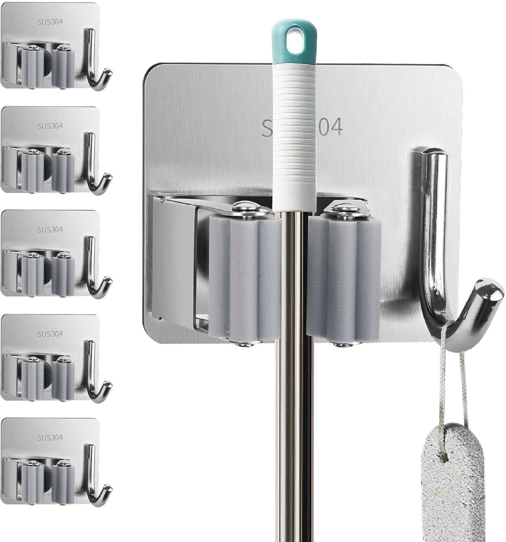 5 Pack Mop and Broom Holder Wall Mount, Silver Stainless Steel Mop and Broom Hanger with Hooks, Mop Broom Organizer for Closet Laundry Garage Garden Tool Organizer