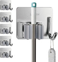 5 Pack Mop and Broom Holder Wall Mount, Silver Stainless Steel Mop and Broom Hanger with Hooks, Mop Broom Organizer for Closet Laundry Garage Garden Tool Organizer