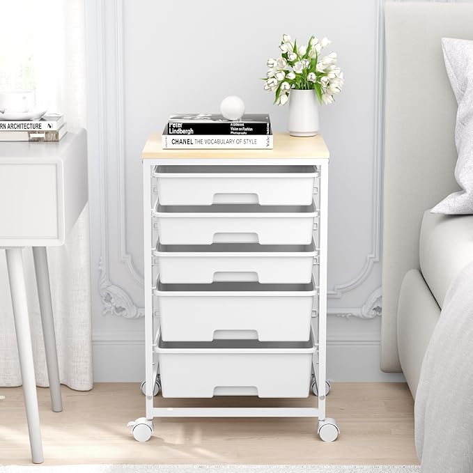 SYKIARIOL Utility Cart with 5 Drawers, Storage Drawer Cart with Wooden Tabletop - Image 2