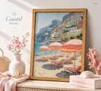 Framed Pink Umbrella Coastal Canvas Wall Art, Beach Scene Painting Picture Wall - Image 3