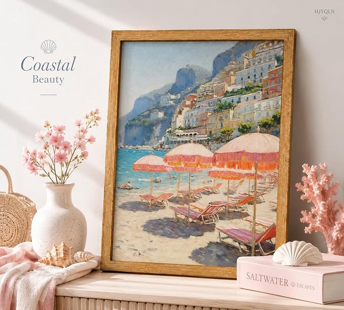 Framed Pink Umbrella Coastal Canvas Wall Art, Beach Scene Painting Picture Wall - Image 3