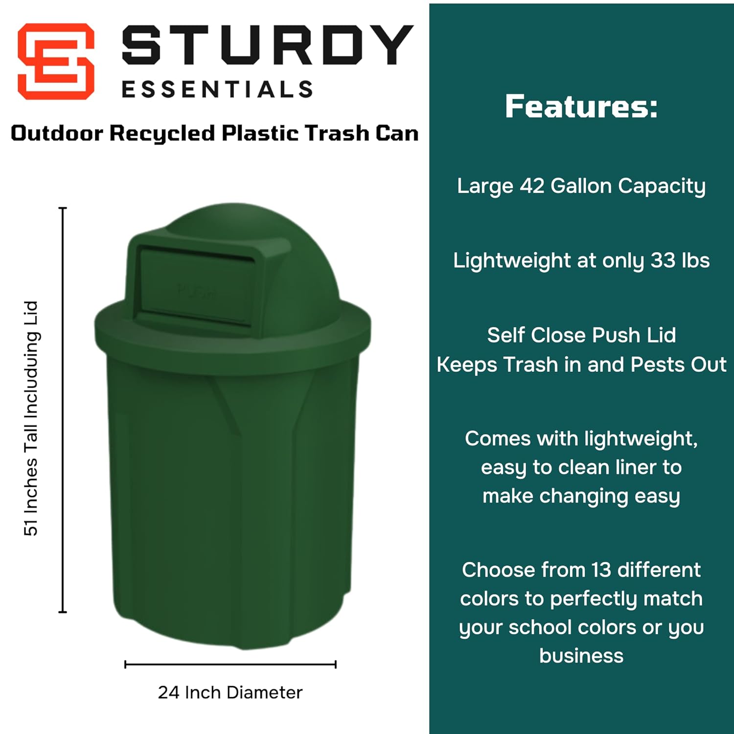 42 Gallon Circle 100% Recycled Plastic Heavy Duty Outdoor Commercial Trash Can with Push Open Dome Lid and Internal Liner | Great for Schools and Businesses - Green Granite