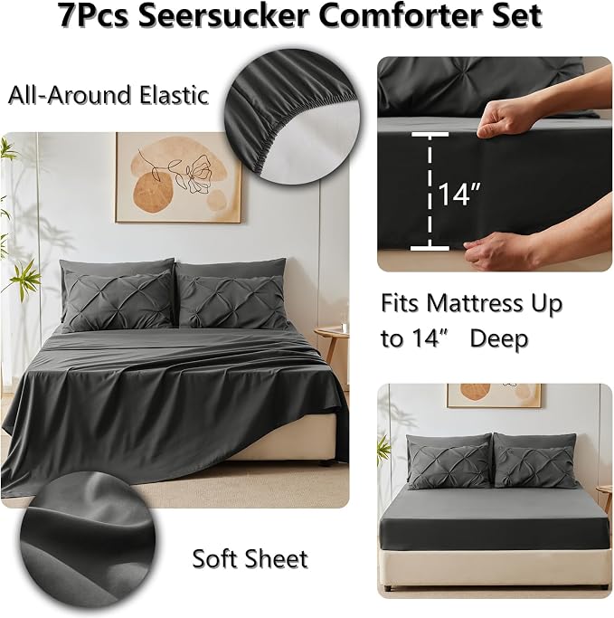 CozyLux King Size Comforter Set Dark Grey, 7 Pieces Pintuck Bed in A Bag Gray - Image 6