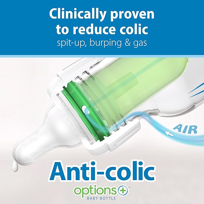 Dr. Brown's Natural Flow Anti-Colic Options+ Narrow Glass Baby Bottle 8 oz/250 mL, with Level 1 Slow Flow Nipple, 2 Pack, 0m+