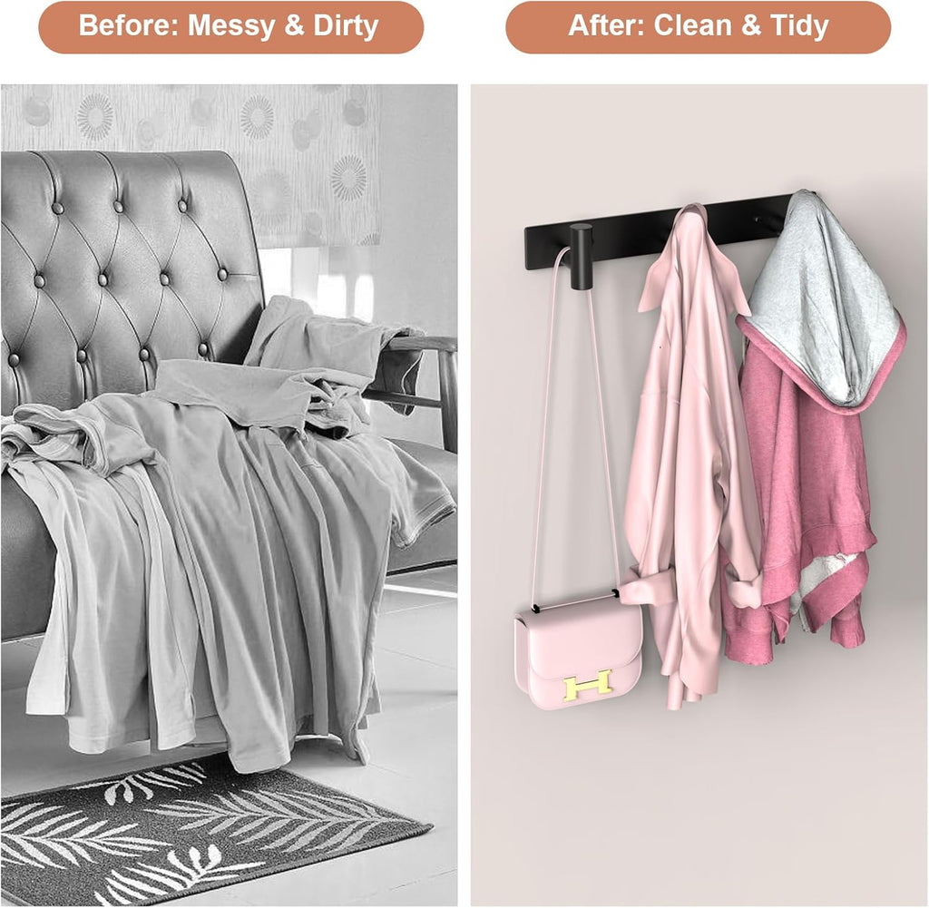 PMMASTO Coat Rack Wall Mounted, 3 "T Shaped Wall Hooks for Hanging, Heavy Duty Stainless Steel Coat Hook Rail for Hat Towel Robes in Bathroom Kitchen Mudroom Entryway (Black, 2PC)