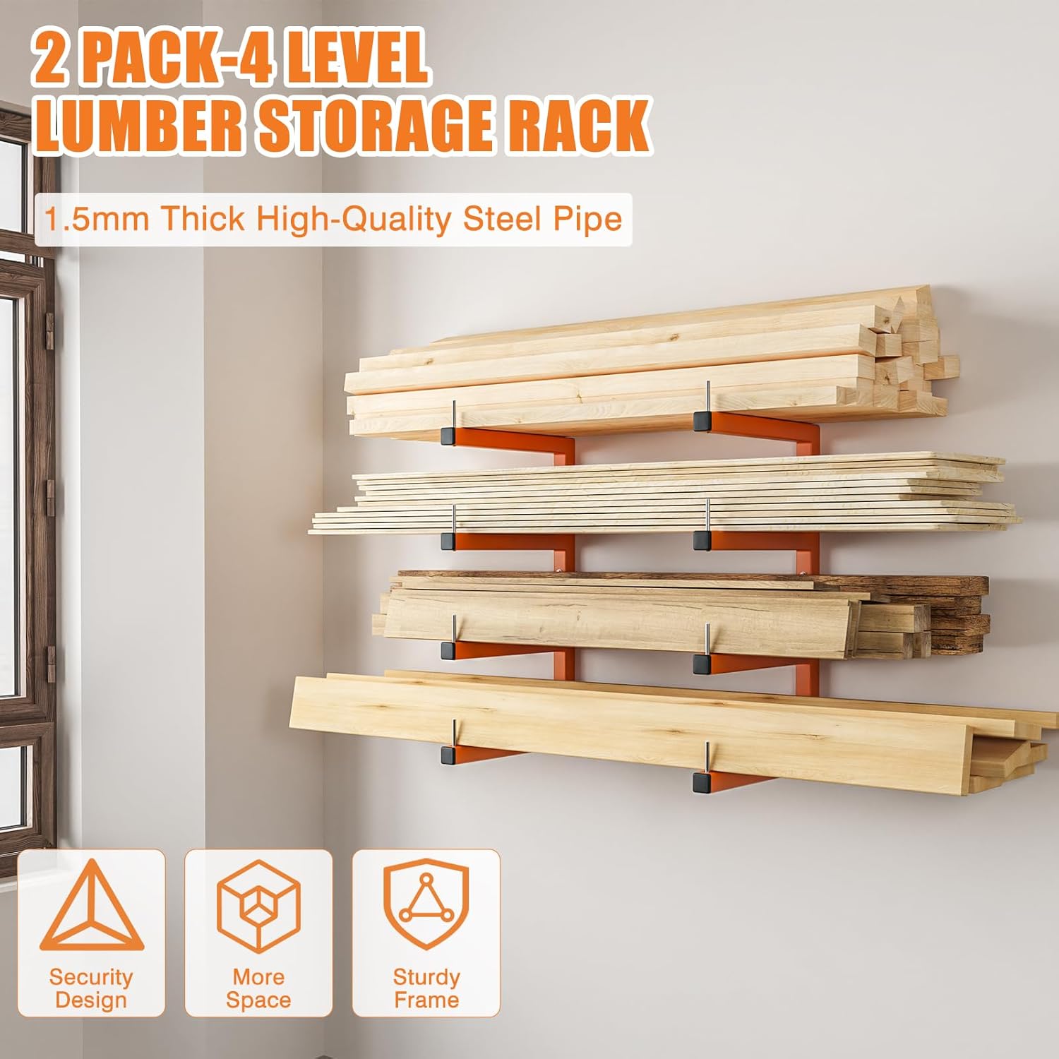 2-Pack Lumber Storage Rack, Wood Storage Racks Wall Mount, Heavy Duty Garage Wood Organizer With 4-Level System, Orange Utility Rack Organization Up 800 Lbs, Metal Lumber Shelf for Indoor and Outdoor
