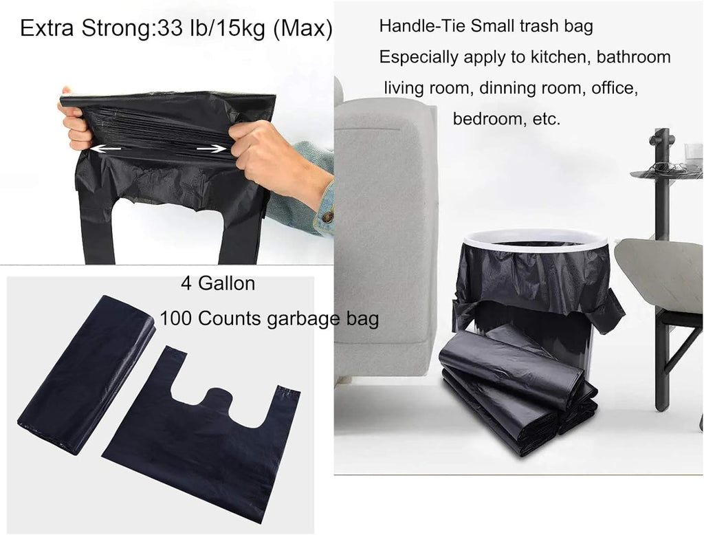 YYaaloa 100 pcs Black Trash Bags with Handles - 14x22 Super Thick 1.8mil Plastic Rubbish Bags for Office, Picnic, Kitchen, Bulk Use