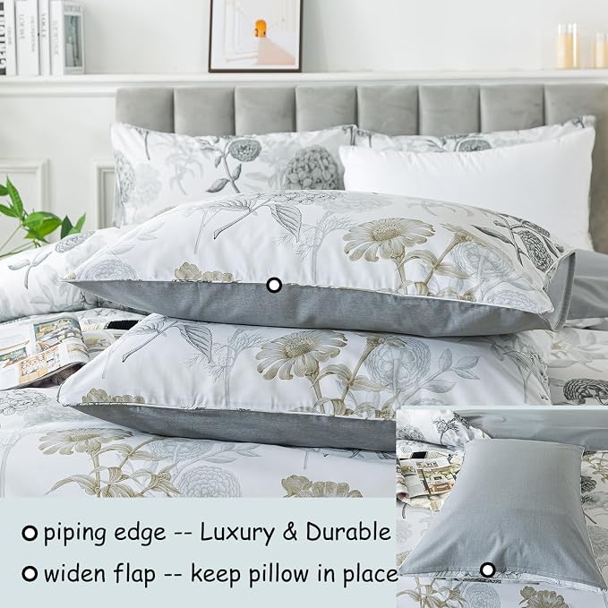 FADFAY Floral Duvet Cover Set Twin XL 100% Cotton College Bedding Ink Grey - Image 4