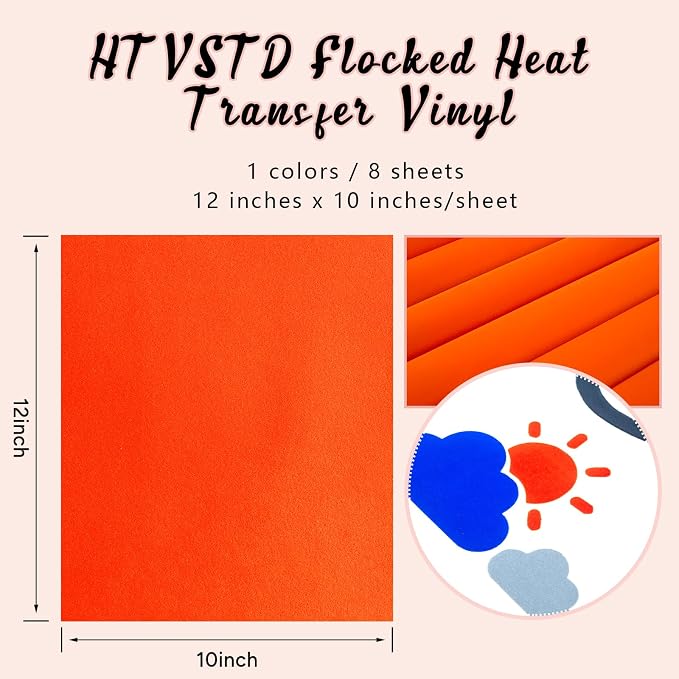 HTVSTD Orange Flock Heat Transfer Vinyl 8pcs 12×10in Iron on Vinyl | Colorful - Image 2