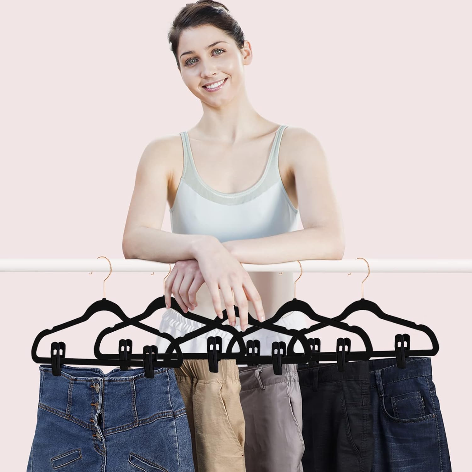 Black Velvet Hangers Clips 50 PCS, Non-Slip Velvet Clips for Suit Pant Skirt Hanger, Strong Finger Clips Perfect for Thin Flocking Hangers