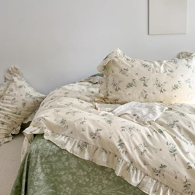 MKXI Botanical Floral Duvet Cover Queen Beige Girls Ruffled Bedding Set - Image 5