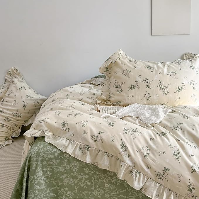 MKXI Botanical Floral Duvet Cover Twin XL Beige Girls Floral Ruffled Bedding - Image 8