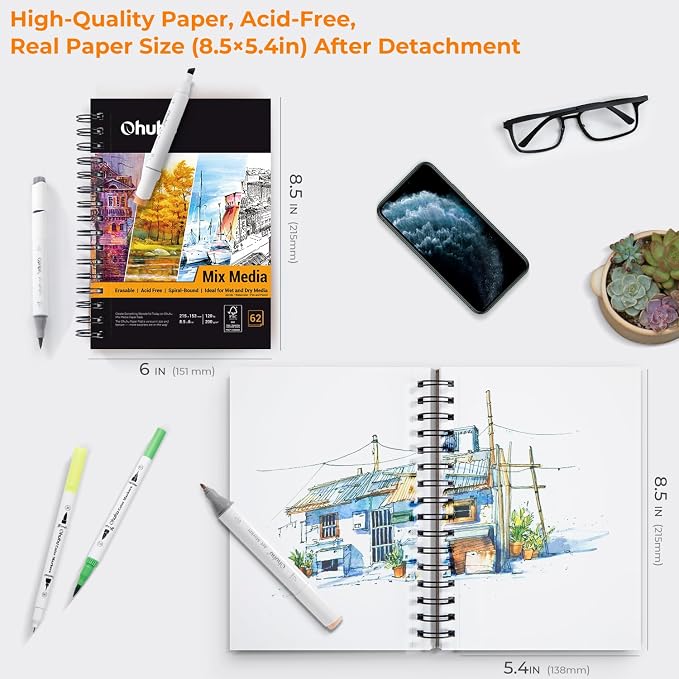 Ohuhu Mix Media Pad, 5.5" x 8.5" Mixed Media Art Sketchbook, 120 LB/200 GSM - Image 2