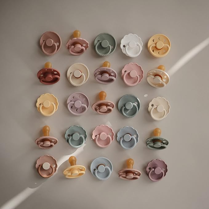 FRIGG Daisy Natural Rubber Baby Pacifier | Made in Denmark | BPA-Free (Cotton Candy/Sandstone, 0-6 Months) 2-Pack