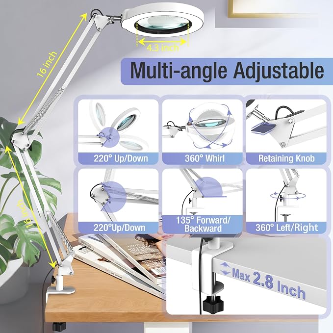 10X Magnifying Glass with Light and Clamp, Real Glass Stand Lighted Magnifier - Image 3