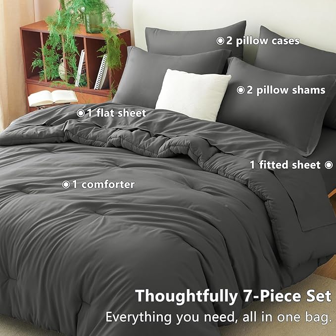 CozyLux Queen Comforter Set Dark Grey, 7 Pieces Bed in a Bag Queen Comforter Set - Image 6