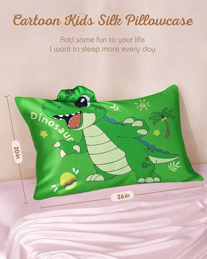 Kids Pillowcases Standard Size 20"x26" - Cute Cartoon Soft Breathable Silk Pillow Cases for Hair and Skin with Hidden Zipper for Fun Kawaii Design for Bedding, Green Dnosaur
