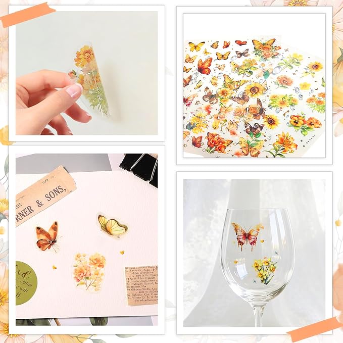 50+Pcs Transparent Golden Floral Butterfly Scrapbook Stickers Pack, Sunflower - Image 5