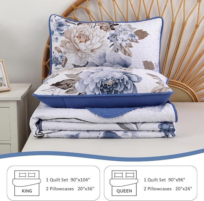 WONGS BEDDING Floral Quilt Set Blue Queen Size 3 Pieces Elegant Botanical Print - Image 7