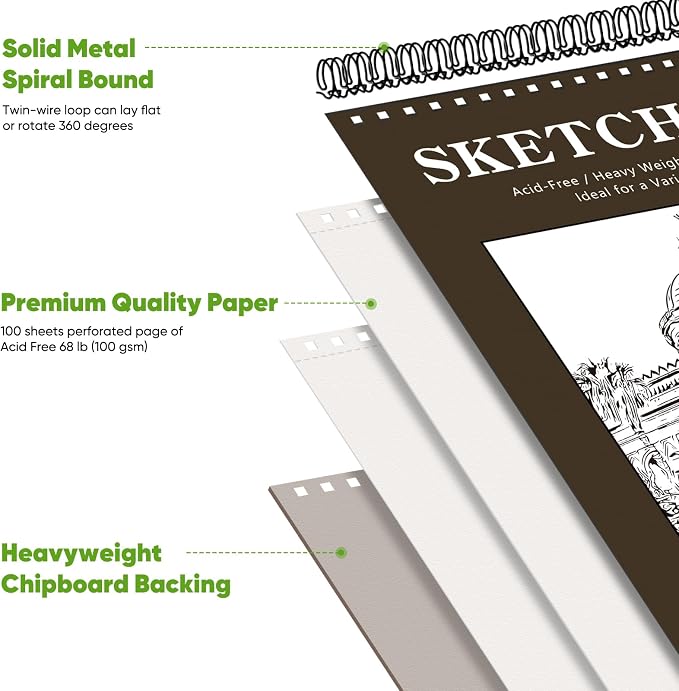 Soucolor 8x10 Sketch Book, 100 Sheets, 68lb Acid-Free Spiral Bound Pad | 68lb - Image 3