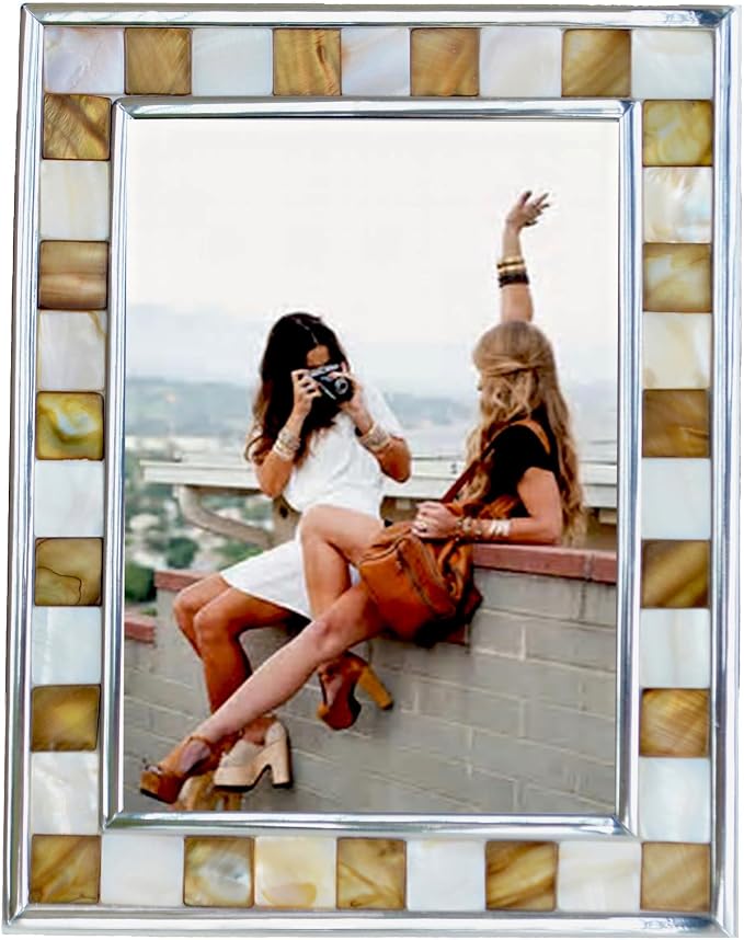 Picture Frame 5x7 Brown Mother of Pearl Photo Frame | Silver Plate, Mosaic Glass by GIFTME5
