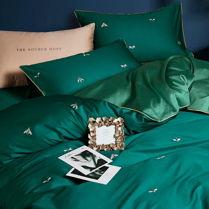 mixinni Dark Green Duvet Cover King Size, 100% Long Staple Cotton Honeybee - Image 3