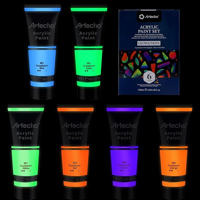 Artecho Glow in the Dark Paint 6 Colors, 120 ml / 4 oz | Non-Toxic, Waterproof by Artecho