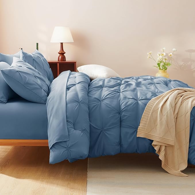 CozyLux Queen Comforter Set Grayish Blue, 7 Pieces Pintuck Bed in A Bag - Image 7