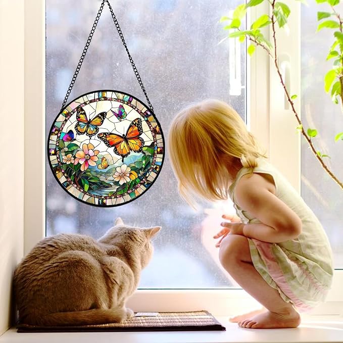 DASTOLL Stained Glass Window Hanging, Butterflies Flying in The Sky Suncatcher - Image 3