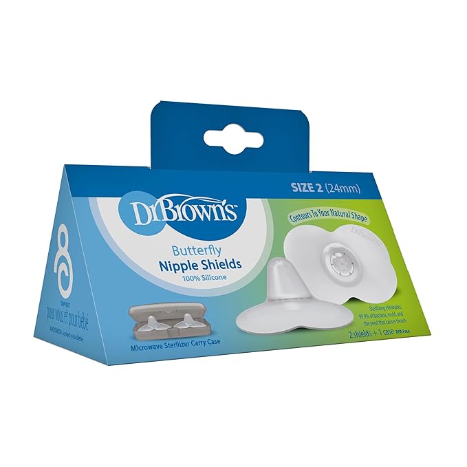 Dr. Brown's Butterfly Breastfeeding Nipple Shields for Protecting Sore, Flat or Inverted Nipples, Essential for Latching Difficulties with Microwave Sterilizer Carrying Case, 24mm