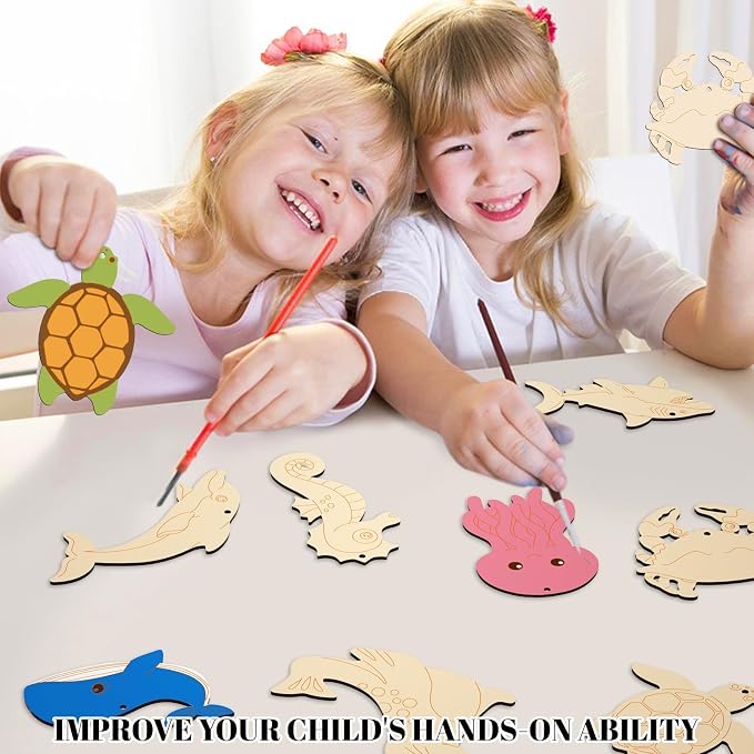 Subacy 80 PCS Unfinished Wood Cutouts 10 Styles DIY Wooden Ocean Ornaments - Image 2