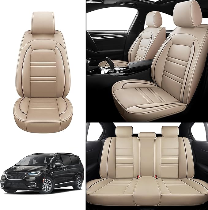 Seat Covers for Chrysler Car Pacifica 2004-2025 | 5-Seats Leather Seat Covers, Easy to Install Automotive Seat Covers Full Set (Full Set, Beige)