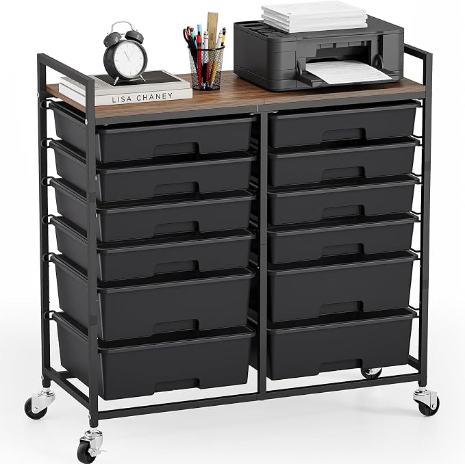 Rolling Storage Cart with 12 Drawers, Wooden Tabletop Utility Cart by TOOLF