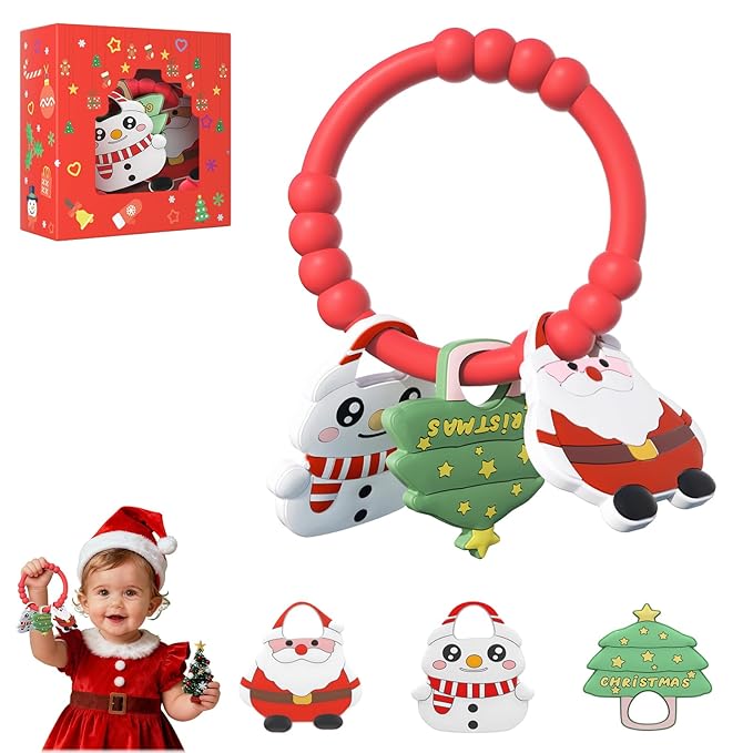 Christmas Baby Teething Ring with 3pcs Teether-Soft Santa Claus, Snowman & Tree, Textured Silicone Teether for 0-12months, Baby Sensory Chew Bracelet for Baby’s First Christmas