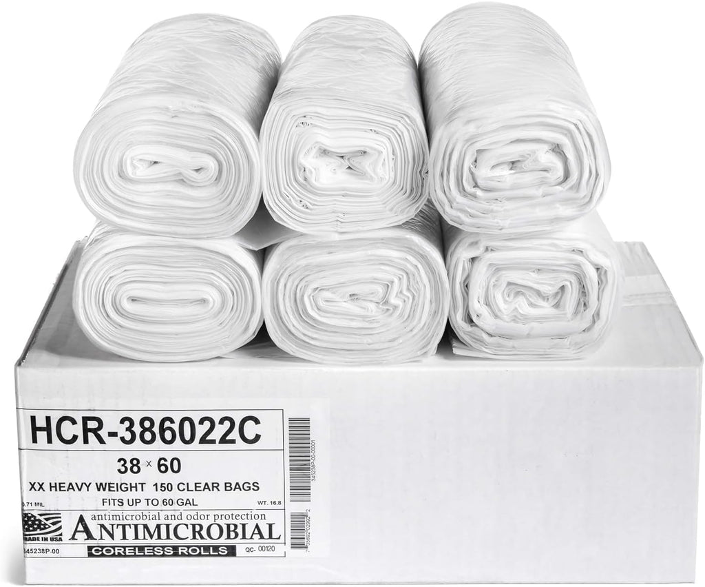 Aluf Plastics High Density Trash Bags, 60 Gallon, 150 Count, 22 Micron (eq), 38" x 60", Clear, for Bathroom, Office, Industrial, Commercial, Janitorial, Municipal, Recycling