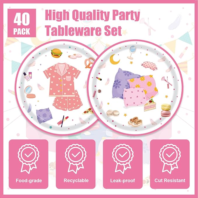 40Pcs Sleepover Party Supplies for Girls Pajama Birthday Plates and Napkins - Image 3