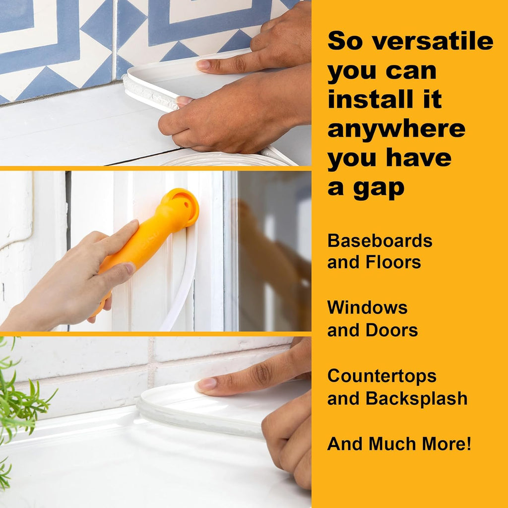 InstaTrim New & Improved Self-Adhesive Caulk Trim, 1/2" x 10', 2-Pack, Flexible, Waterproof, Stain Resistant for Bathroom, Floors, Walls, DIY Project, White