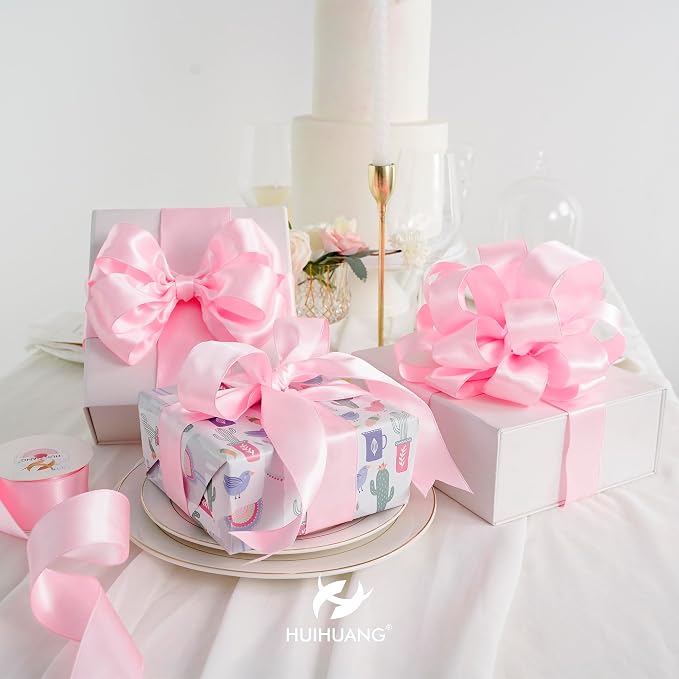 HUIHUANG Pink Satin Wired Ribbon 2.5 inch Light Pink Double Sided Satin Wire - Image 5