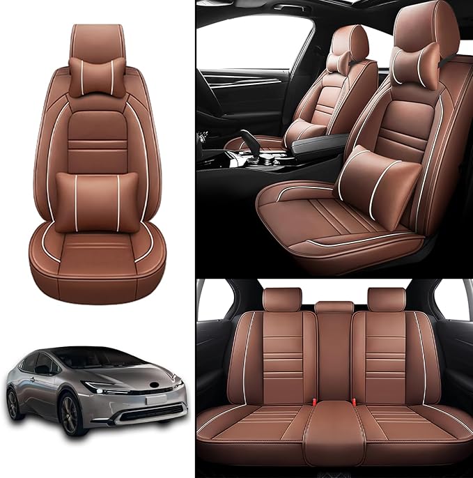 Car Seat Covers for Toyota Prius 2001-2025 | 5-Seats Seat Covers, Waterproof Seat Protectors, Automotive Seat Covers (Full Set with Pillow,Coffee)