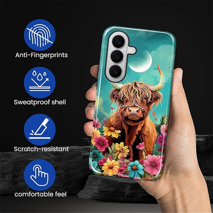 for Samsung Galaxy S26+ Case, Highland Cow Flower Pattern Glossy 2 in 1 - Image 4