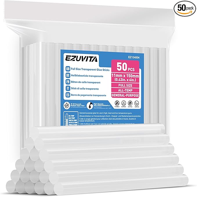 EZUVITA 50-Pack Full Size Hot Glue Sticks, 0.43” Dia x 6” Long | Clear by EZUVITA