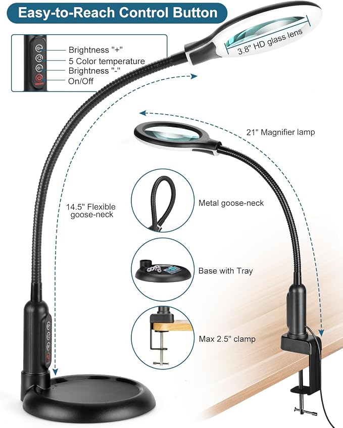 12X Magnifying Glass with Light and Stand, Real Glass, LED 5 Color Modes - Image 6