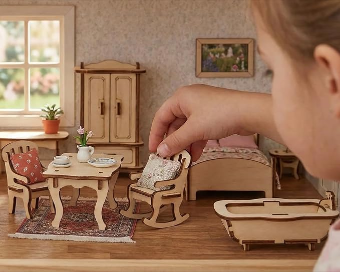 BOHS 34-Piece Dollhouse Furniture Set -1/24 Scale, Laser Cut Wooden 3D Puzzles - Image 5