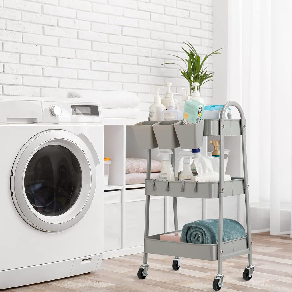 danpinera 3-Tier Rolling Cart, Metal Rolling Storage Cart with Lockable Wheels & Hanging Cups & Hooks, Mobile Trolley Cart for Kitchen, Bathroom, Office, Workshop, Gray