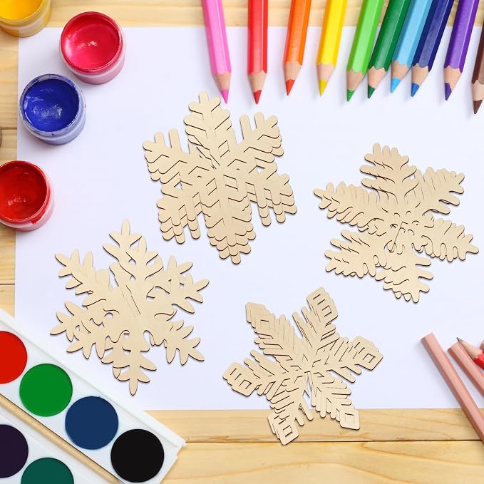COCHIE DIY 3D Snowflake Wood Crafts to Paint, Paintable Unfinished Wooden Slices - Image 6