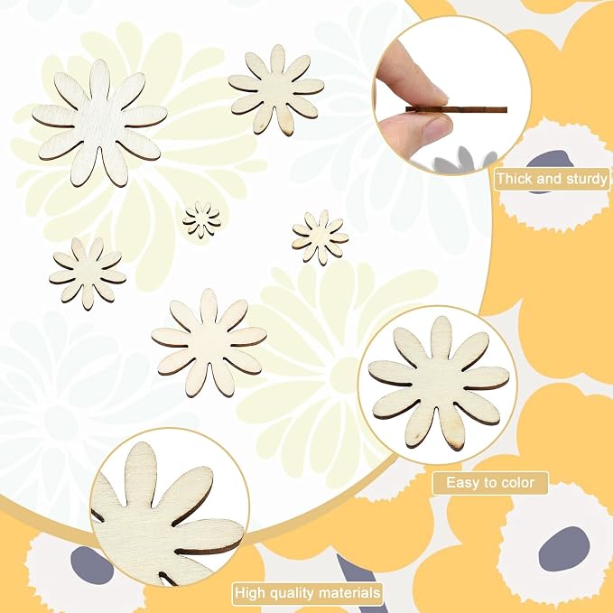 300 pcs 6 Styles Daisy Flower Theme Unfinished Wood Cutout Charms Cute Spring - Image 3