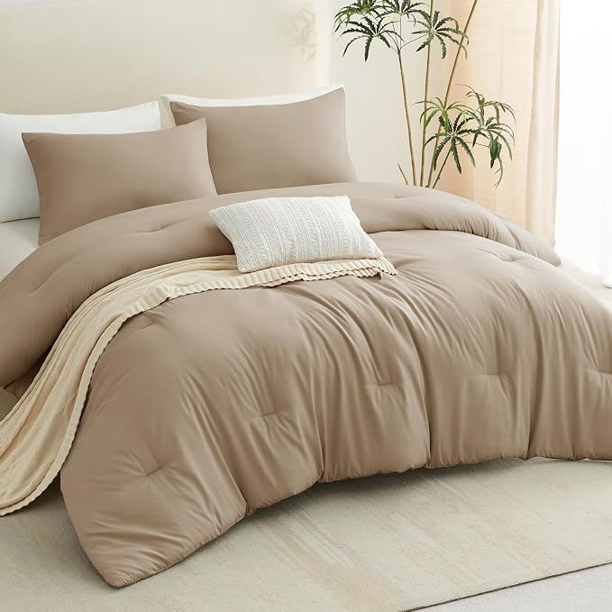 CozyLux Queen Comforter Set Taupe, 3 Pieces Solid Comforters Queen Size - Image 8