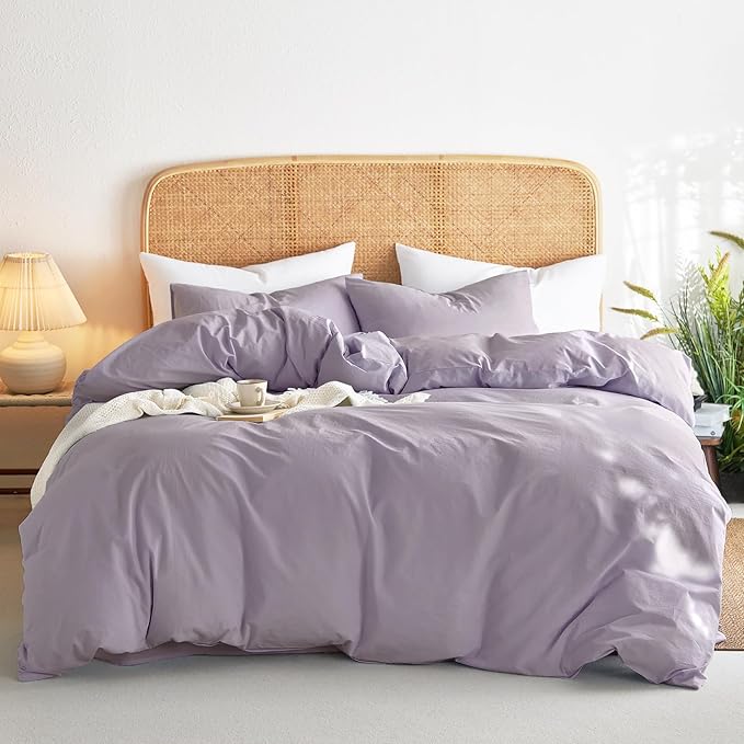 Wake In Cloud - Cotton Duvet Cover Set, Twin Size, Light Purple, 100% Washed by WakeInCloud