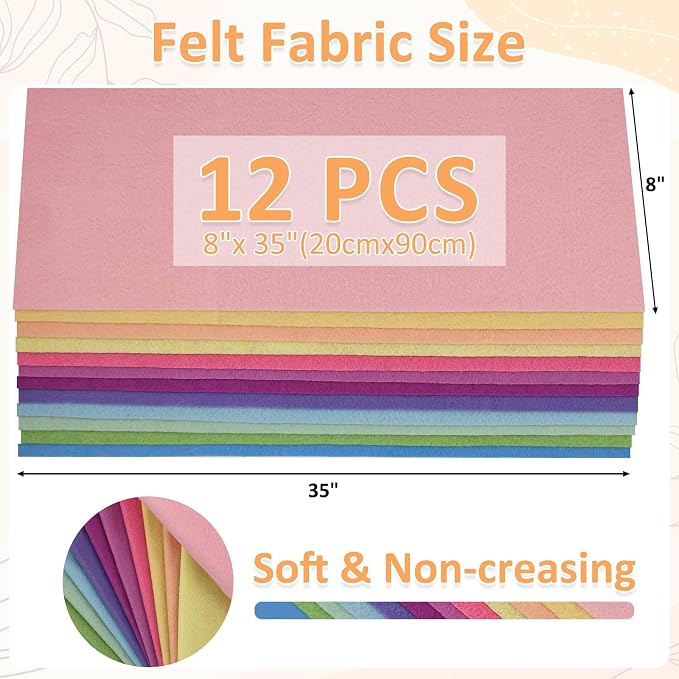 XSEINO 12 Rolls 8"x35" 1.4mm Thick Soft Felt Fabric Sheet 12 Assorted Macarone - Image 3